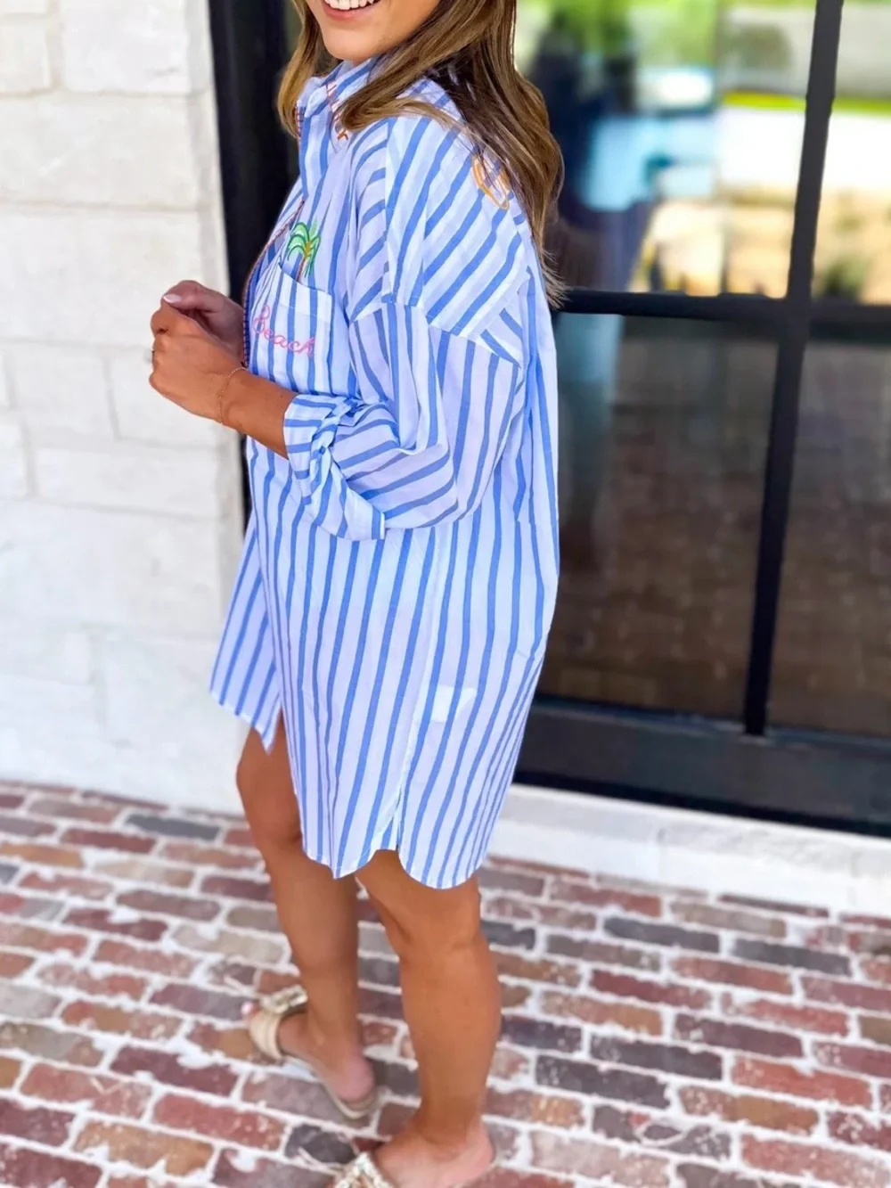 Shiraleah Blue & White Striped beach Shirt Dress with Embroidery large